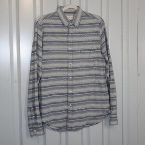 Simon Miller Mens Button Down Striped Cotton Twill Shirt Blue White Size XL